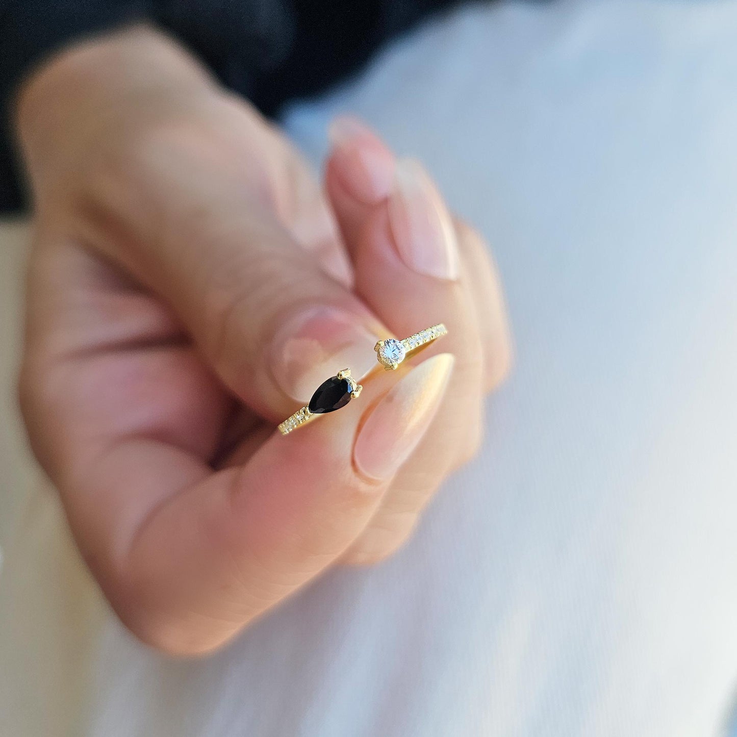 14K Gold Pear Black Onyx and Diamond Open Ring - 2S74BLK