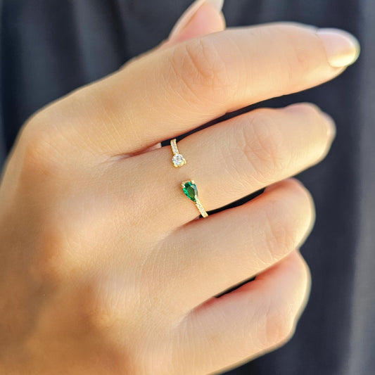 18K Gold Pear Cut Emerald and Diamond Open Ring - 2S74EME