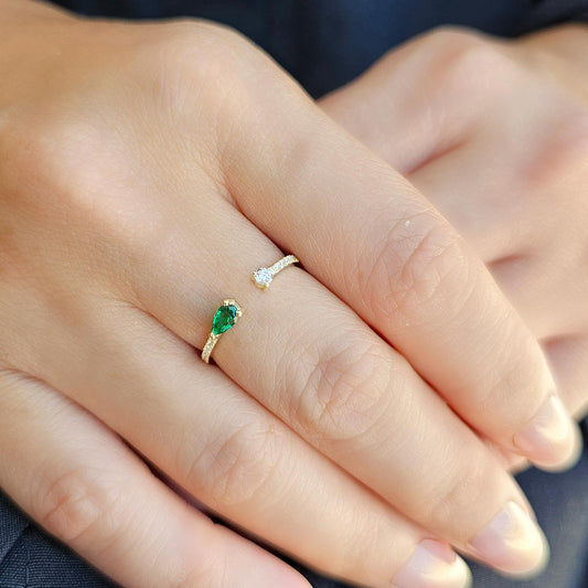 18K Gold Pear Cut Emerald and Cz Open Ring - 2S74EME
