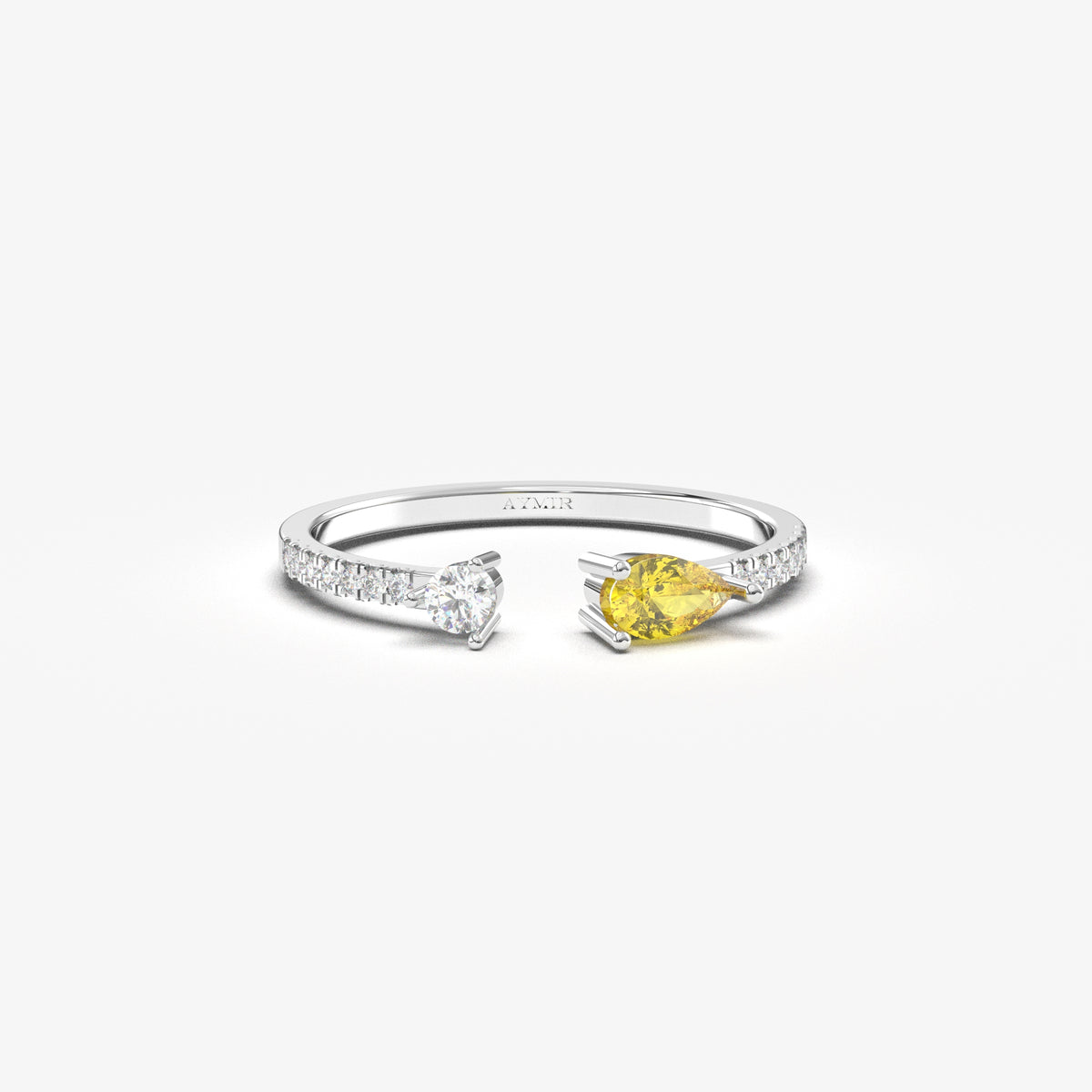 White gold yellow-stone open pear ring, front view