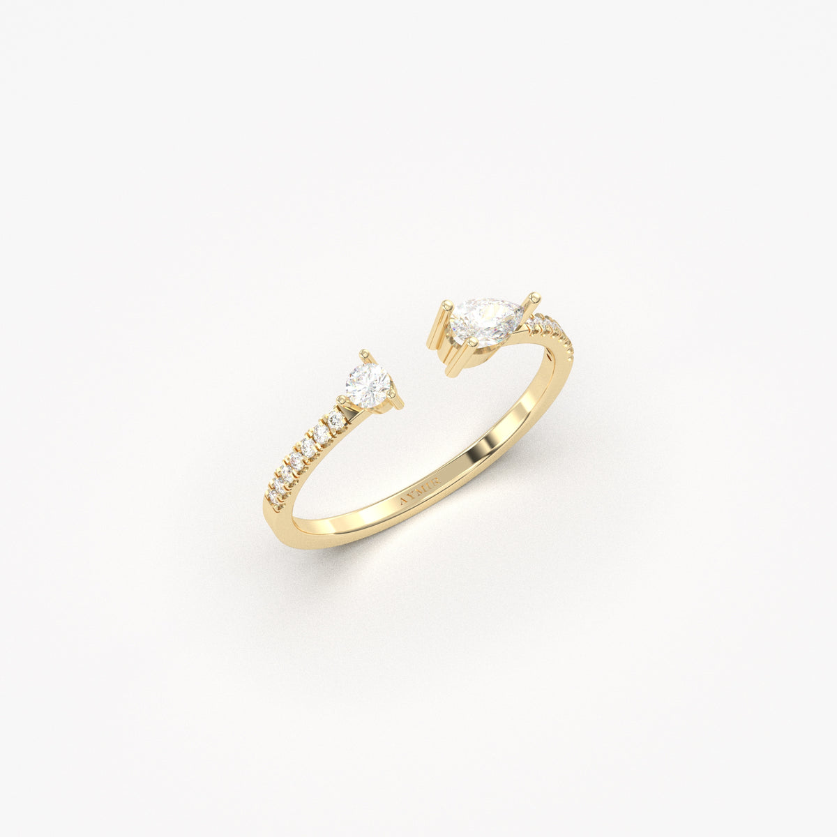Yellow gold pear open ring, angled view
