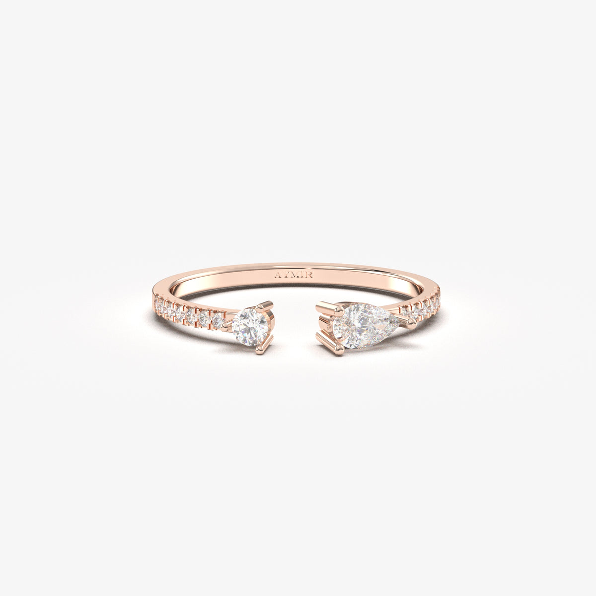 Rose gold pear open ring, front view