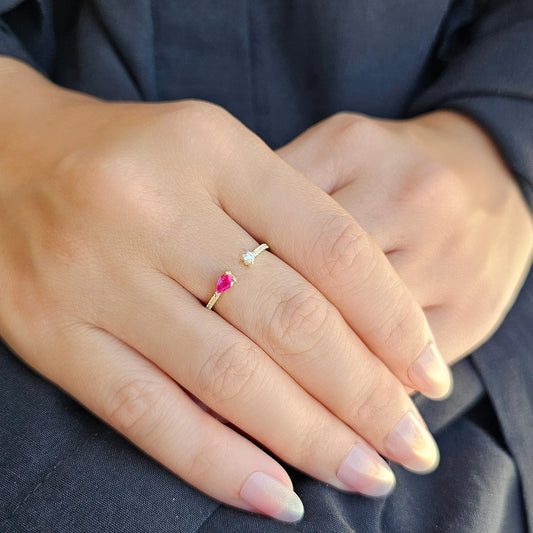 18K Gold Pear Cut Ruby and Cz Open Ring - 2S74RBY