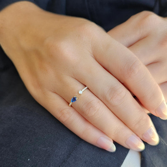 18K Gold Sapphire Pear and Cz Open Ring - 2S74SAP
