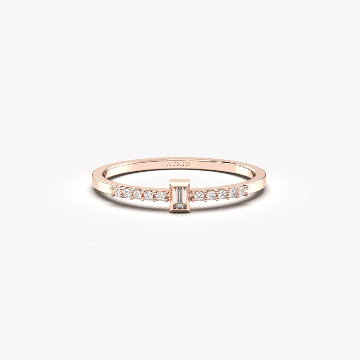 Rose gold white-stone baguette ring, front view
