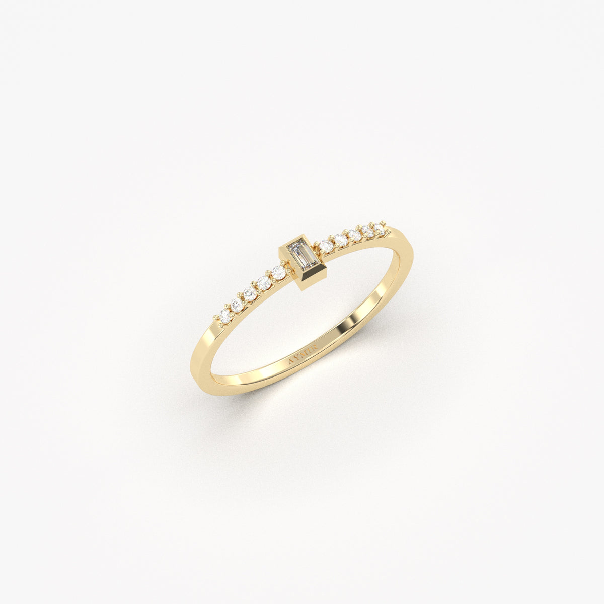 Yellow gold white-stone baguette ring, angled view