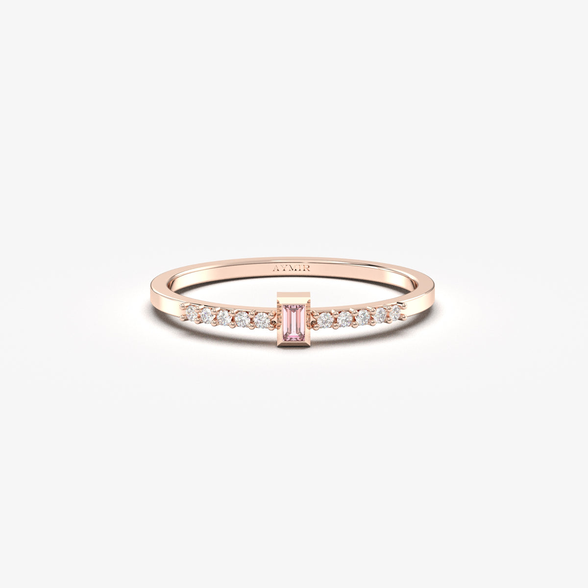 Rose gold pink-stone baguette ring, front view