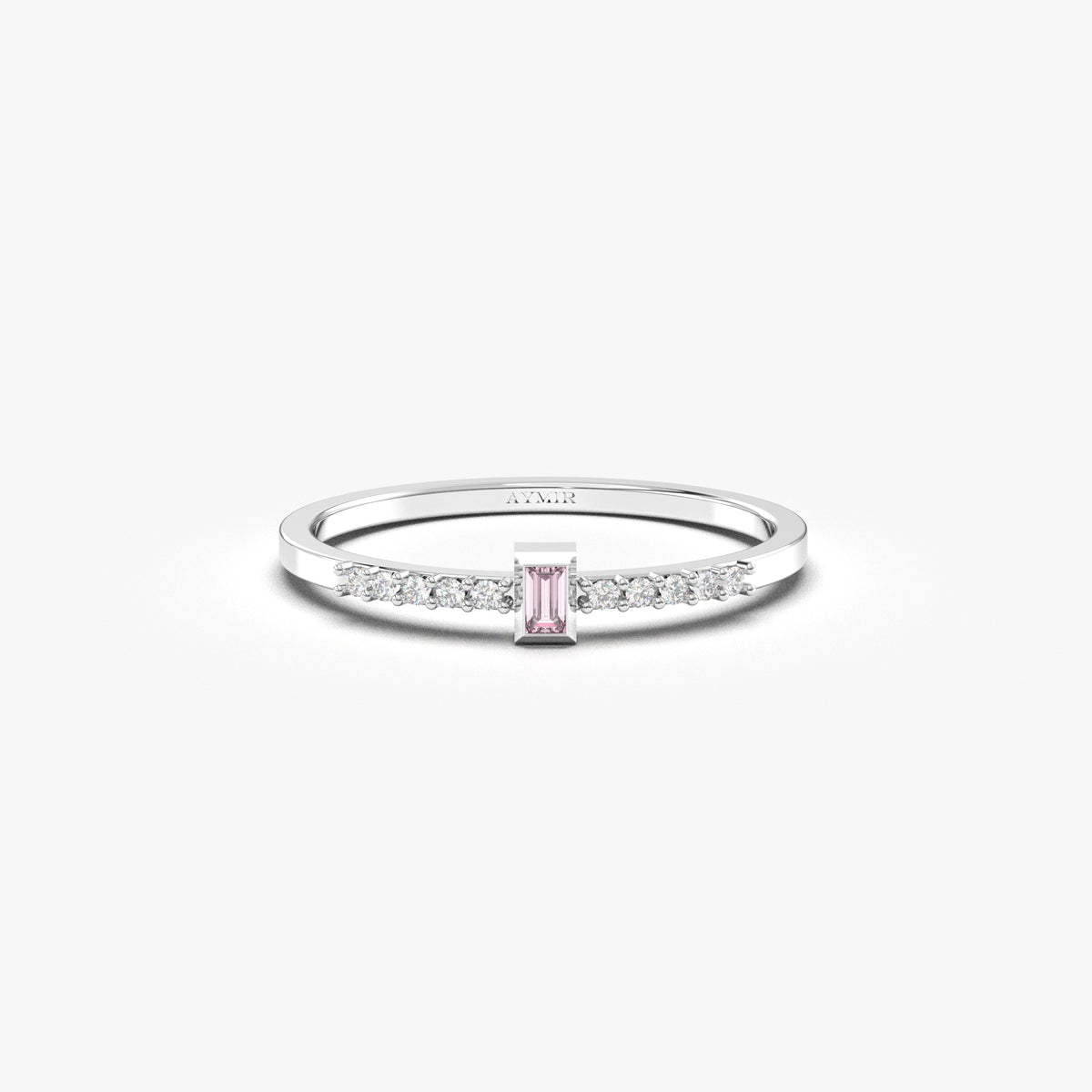 White gold pink-stone baguette ring, front view