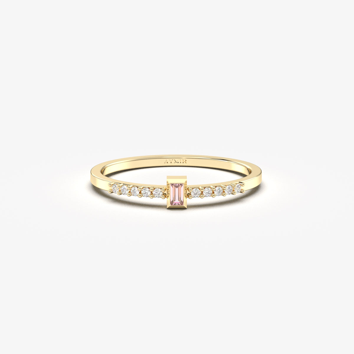 Yellow gold pink-stone baguette ring, front view