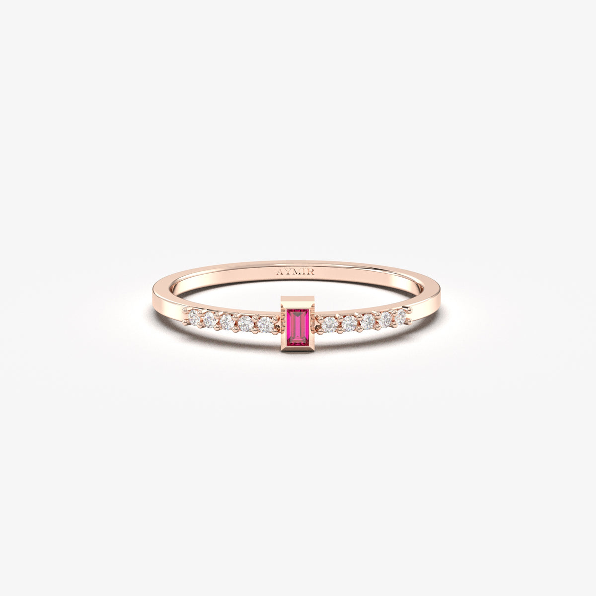 Rose gold red-stone baguette ring, front view