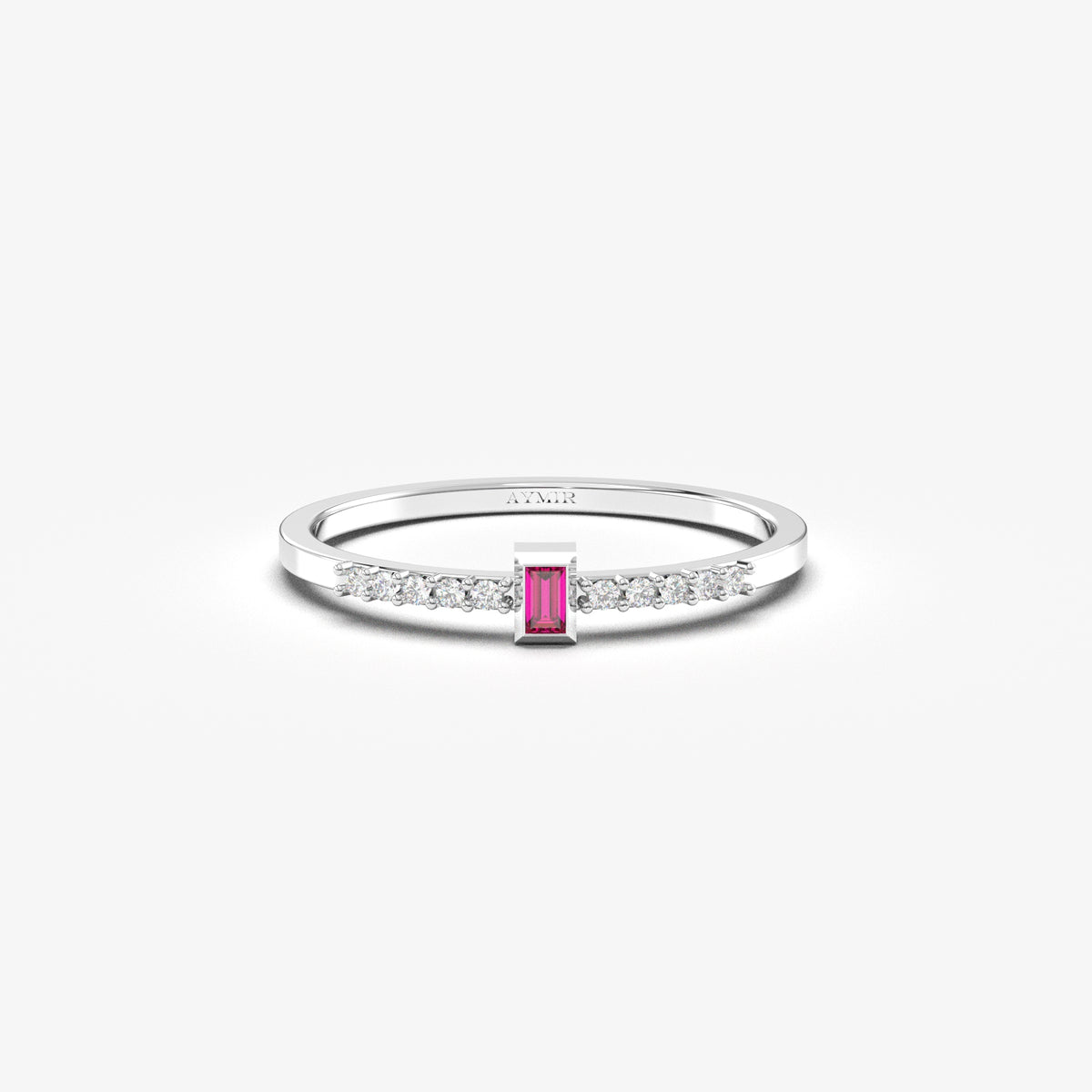 White gold red-stone baguette ring, front view
