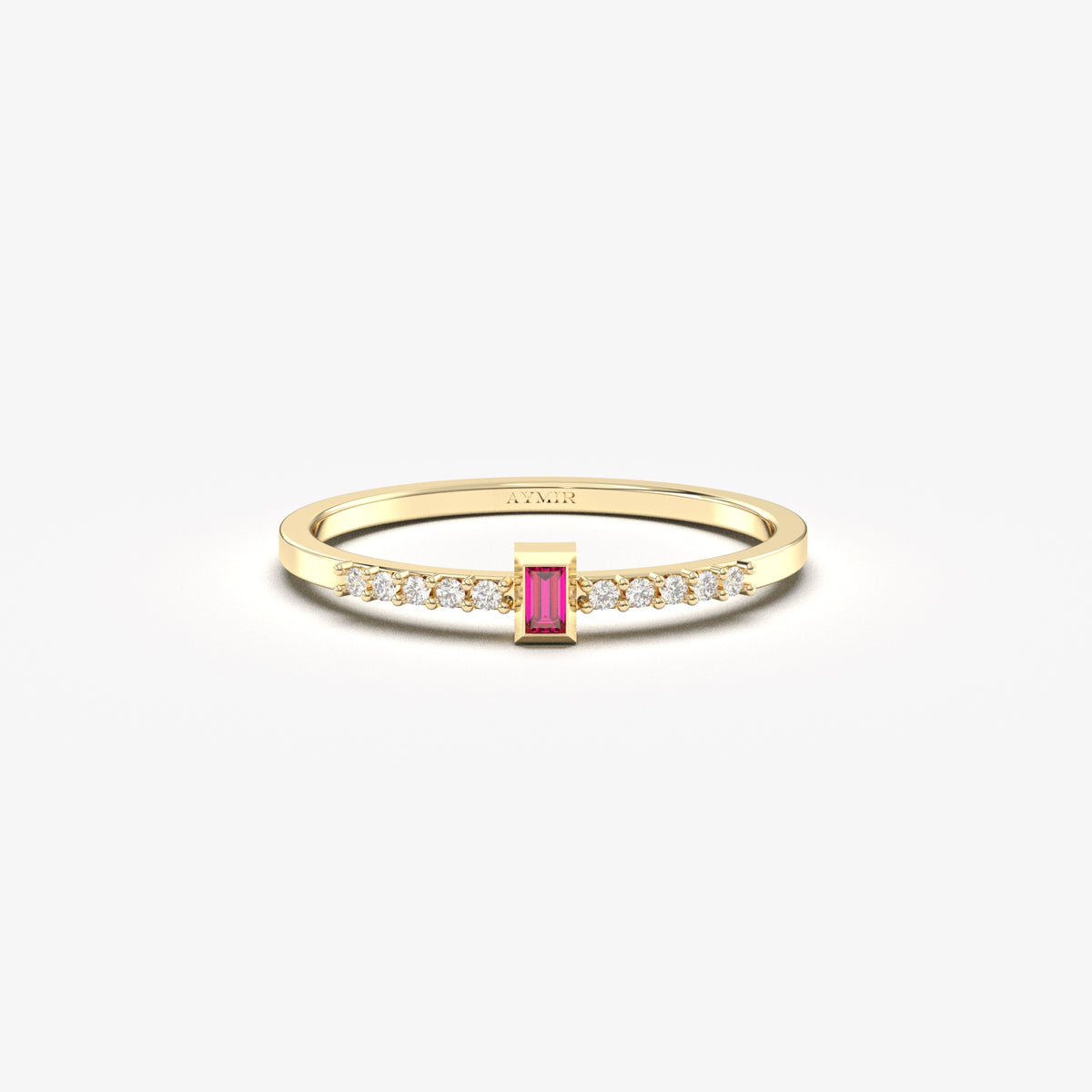 Yellow gold red-stone baguette ring, front view