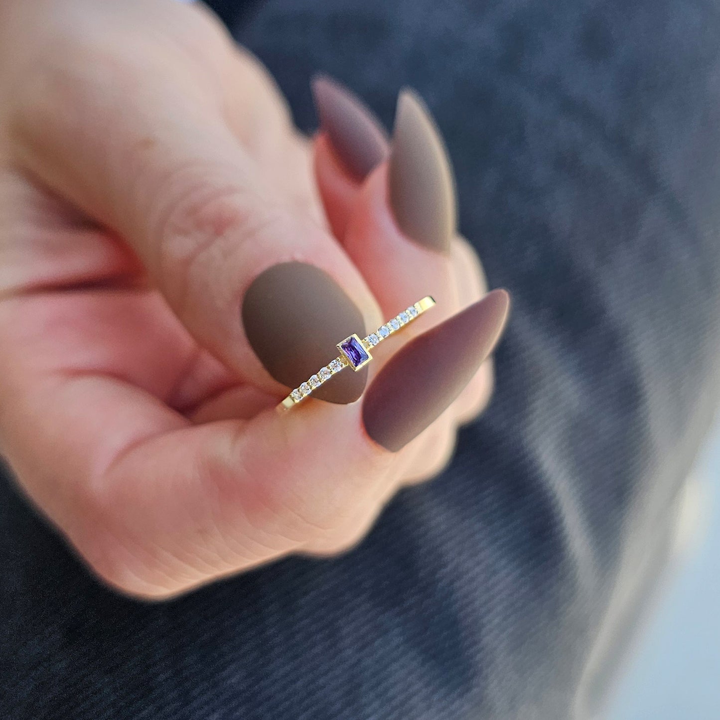 10K Gold Unique Baguette Amethyst and Cz Ring - 2S80AME