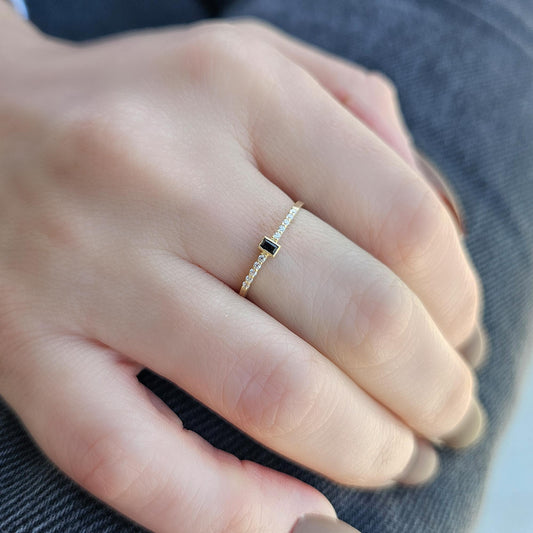 18K Gold Minimalist Baguette Black Onyx and Cz Ring - 2S80BLK