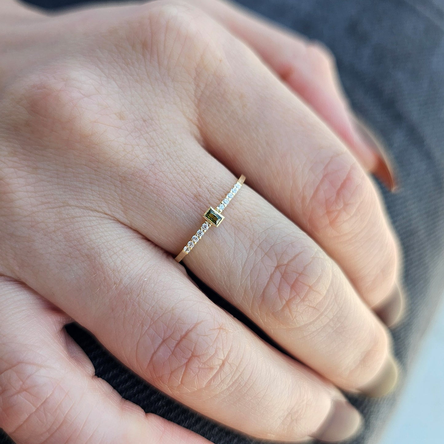 10K Gold Dainty Baguette Peridot and Cz Ring - 2S80PER
