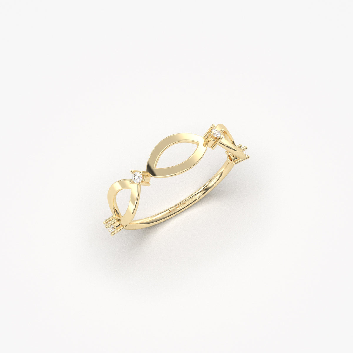 Yellow gold vintage openwork ring, angled view