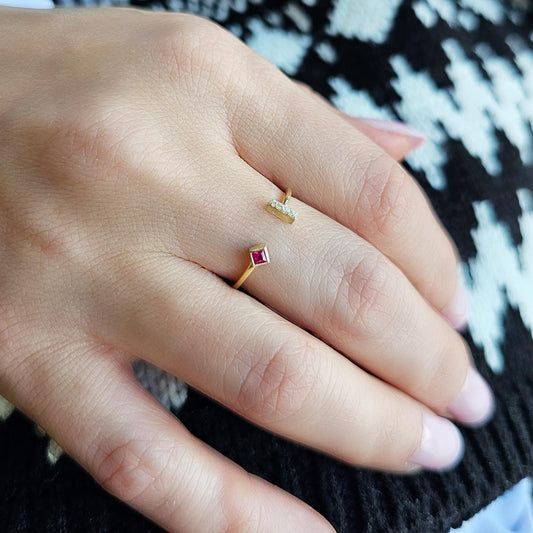 18K Solid Gold Princess Ruby and Cz Open Ring - 2S174RBY