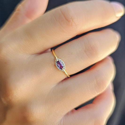 18K Gold Minimalist Marquise Amethyst and Cz Ring - 8S100AME