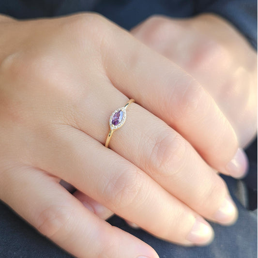 14K Gold Minimalist Marquise Amethyst and Diamond Ring - 8S100AME