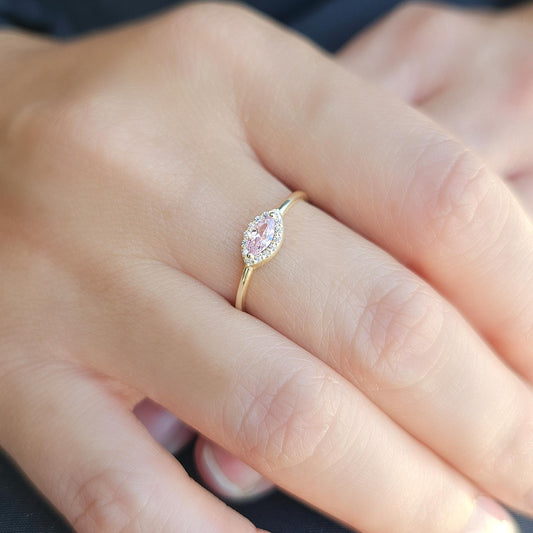 18K Gold Dainty Pink Marquise and Cz Ring - 8S100PNK