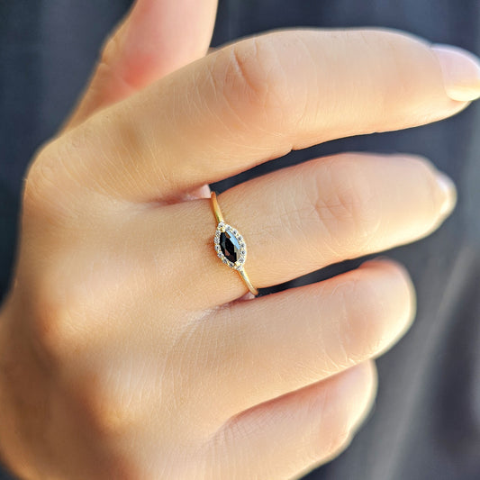 18K Gold Dainty Marquise Black Onyx and Diamond Ring - 8S100BLK