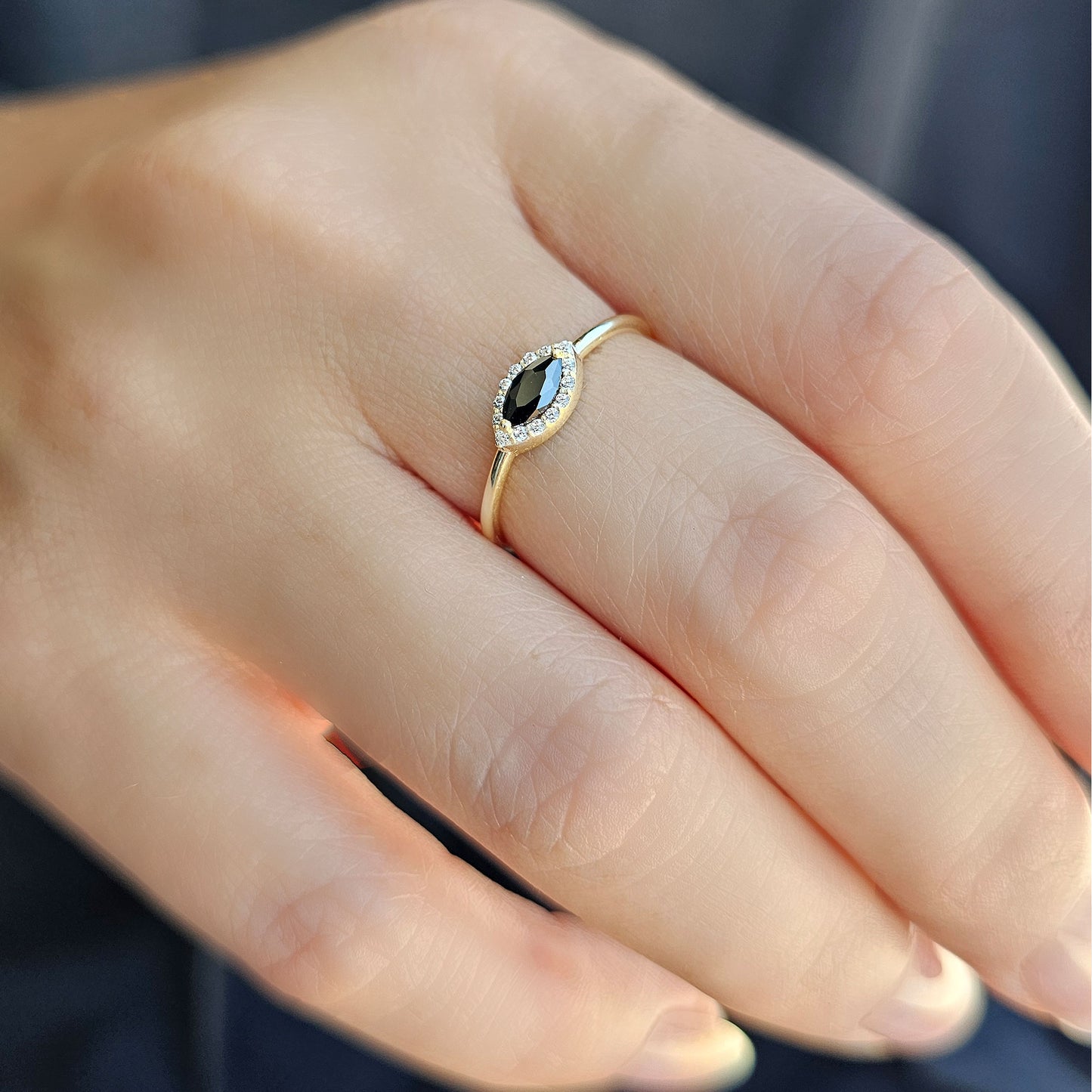 14K Gold Dainty Marquise Black Onyx and Diamond Ring - 8S100BLK