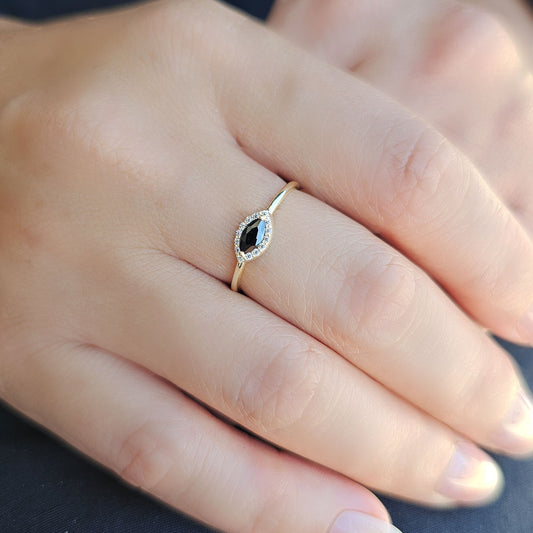 18K Gold Dainty Marquise Black Onyx and Cz Ring - 8S100BLK