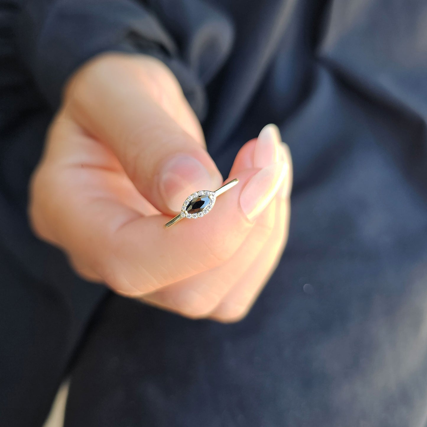 14K Gold Dainty Marquise Black Onyx and Diamond Ring - 8S100BLK