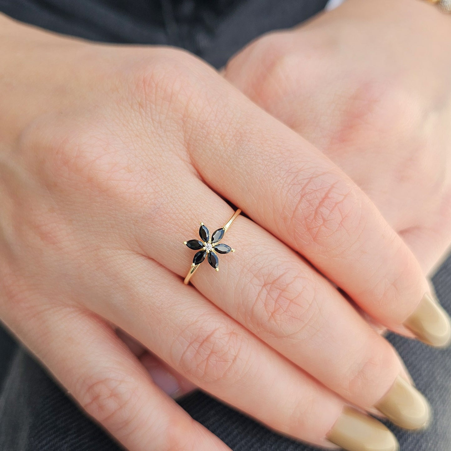 14K Gold Flower Black Onyx Diamond Ring - 8S132BLK