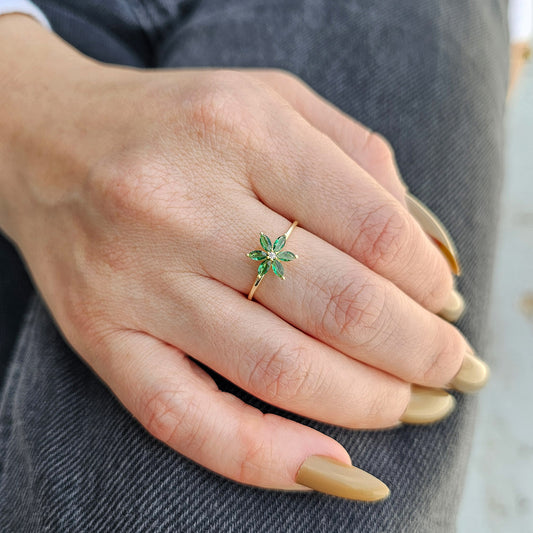 14K Gold Floral Emerald and Diamond Ring - 8S132EME