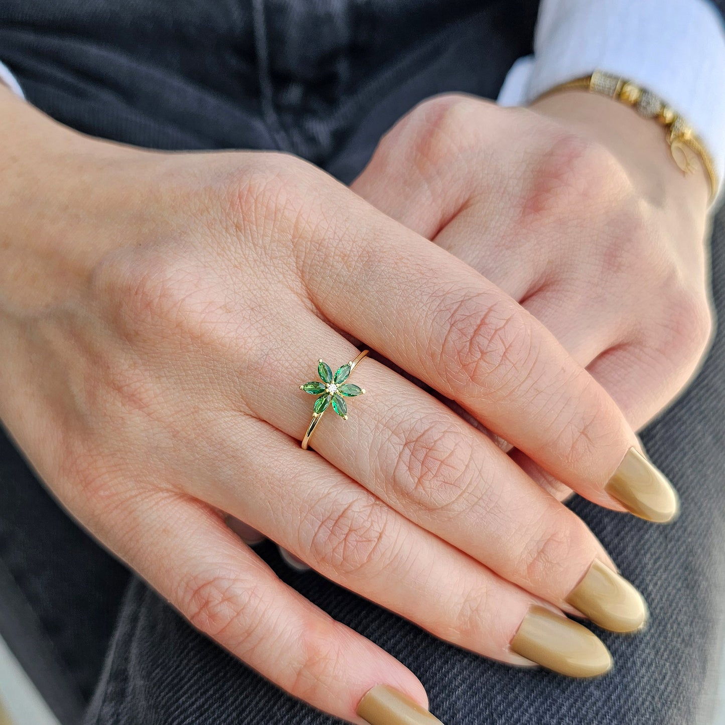 10K Gold Floral Emerald and Diamond Ring - 8S132EME