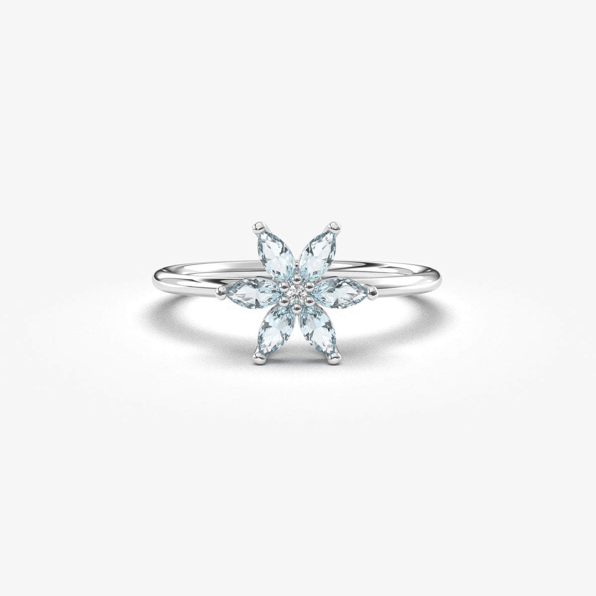 White gold aqua-blue-stone marquise flower ring, front view