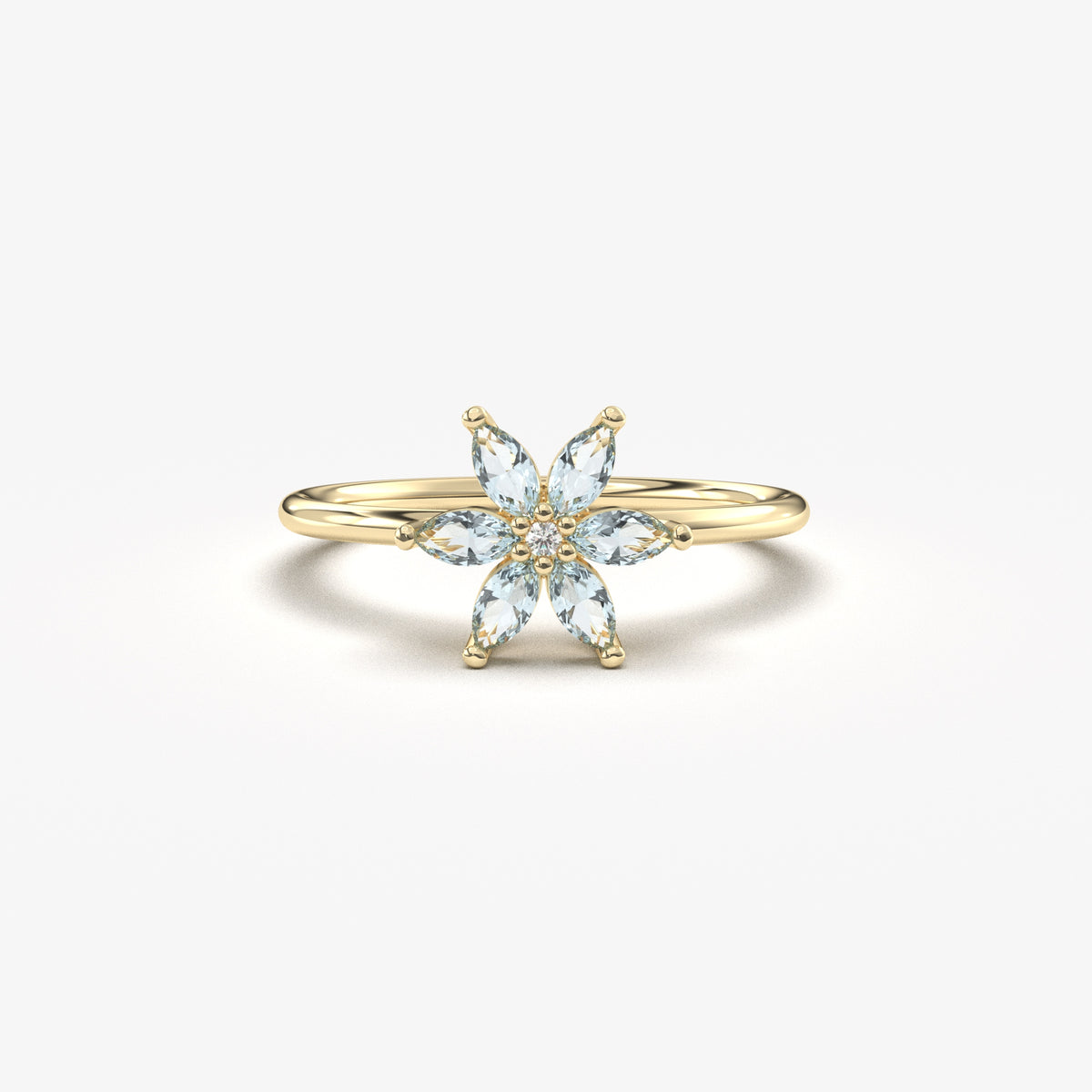 Yellow gold aqua-blue-stone marquise flower ring, front view