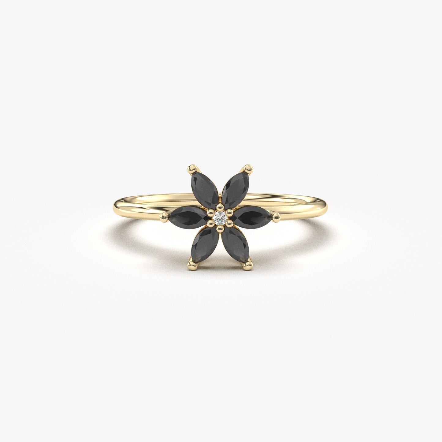 14K Gold Flower Black Onyx Diamond Ring - 8S132BLK