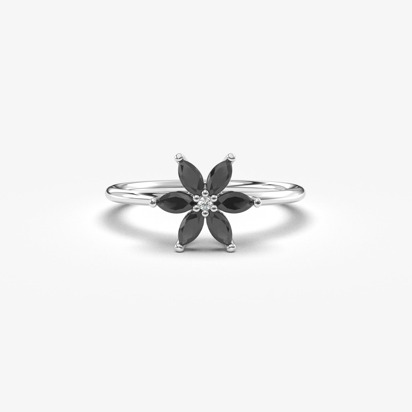 14K Gold Flower Black Onyx Diamond Ring - 8S132BLK
