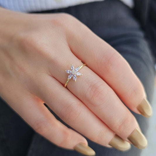 18K Gold Flower Lavender and Diamond Ring - 8S132LAV