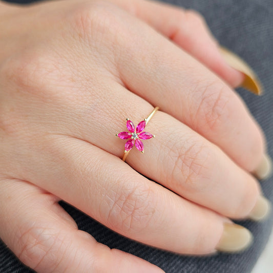 18K Gold Floral Ruby Marquise and Diamond Ring - 8S132RBY