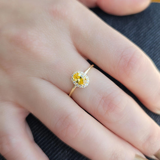 18K Gold Oval Citrine Gemstone Cz Ring - 8S26CIT