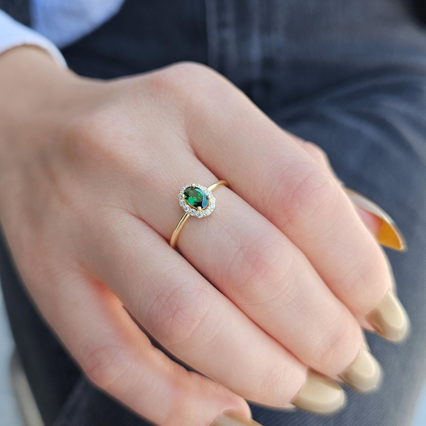 14K Gold Oval Emerald Solitaire Cz Ring - 8S26EME