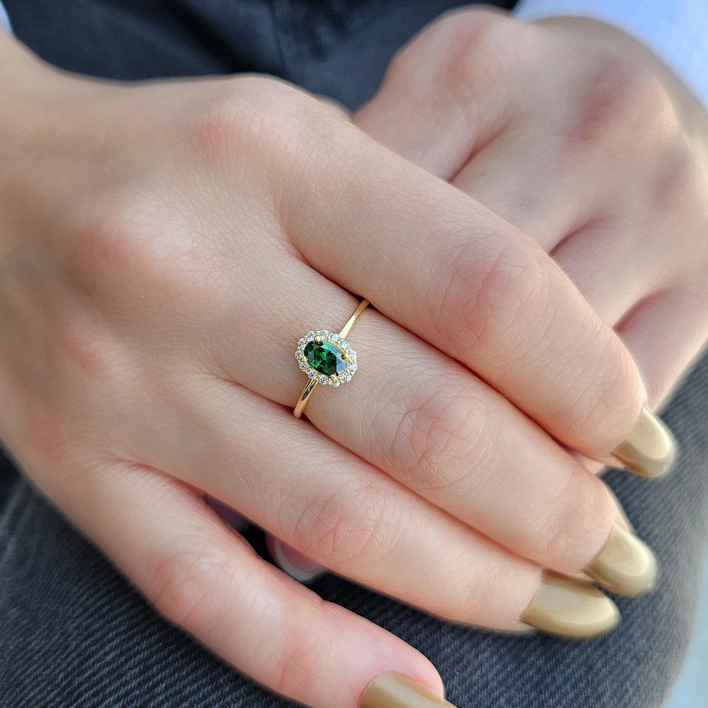 14K Gold Oval Emerald Solitaire Cz Ring - 8S26EME