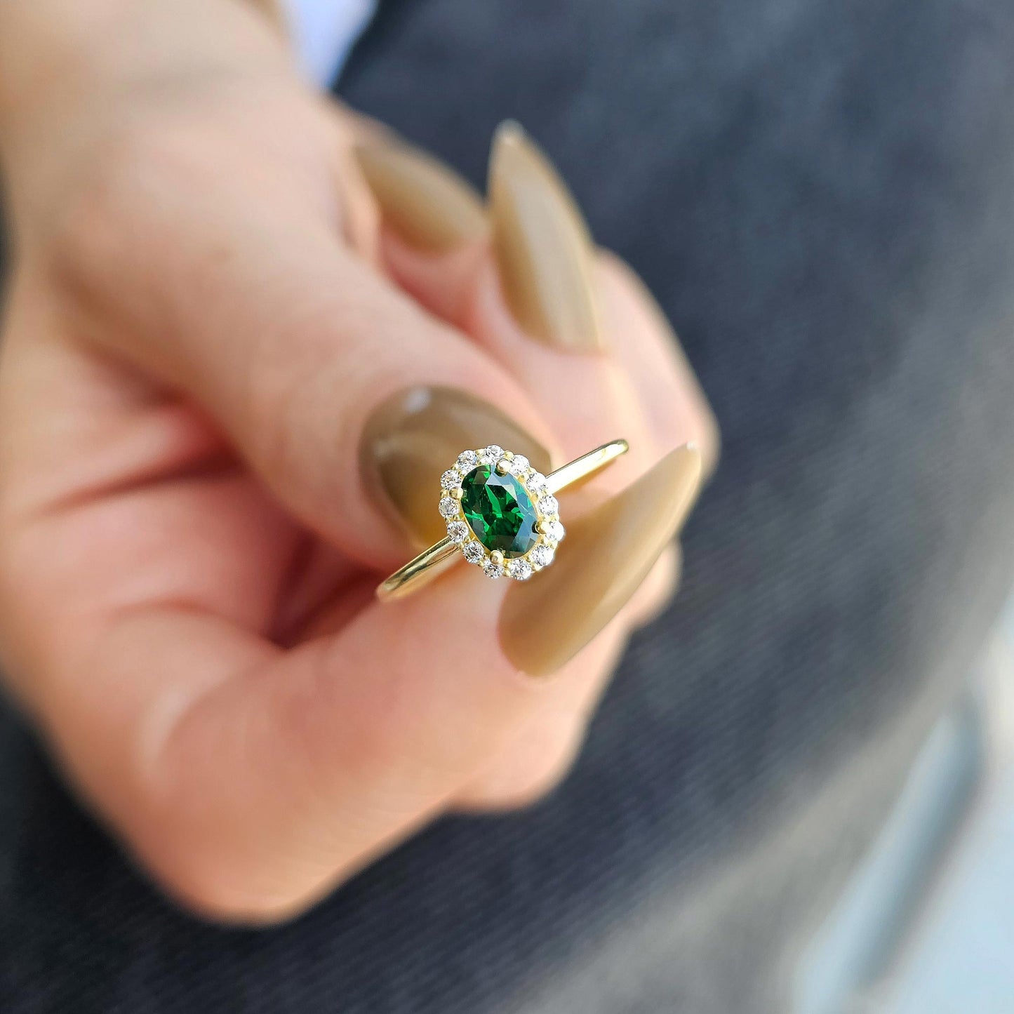 14K Gold Oval Emerald Solitaire Cz Ring - 8S26EME