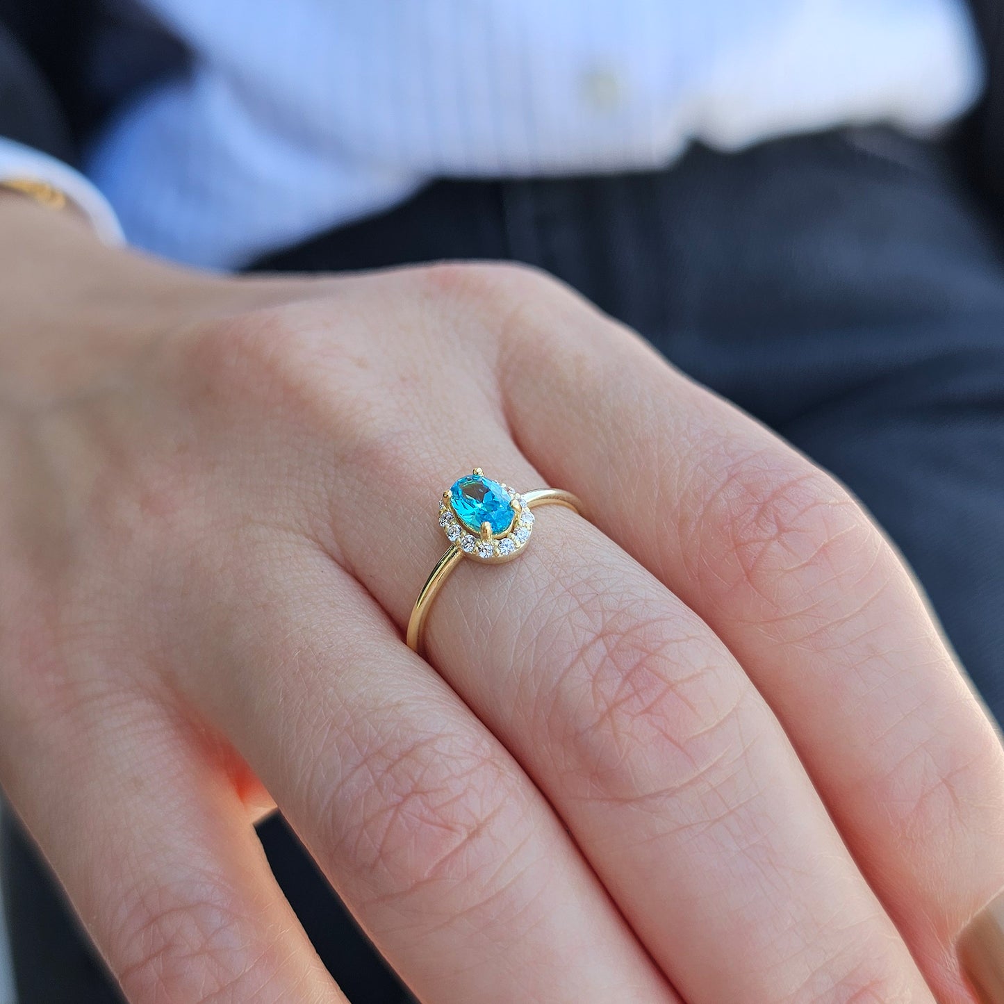 10K Gold Oval Solitaire Sky Blue and Cz Ring - 8S26SKY