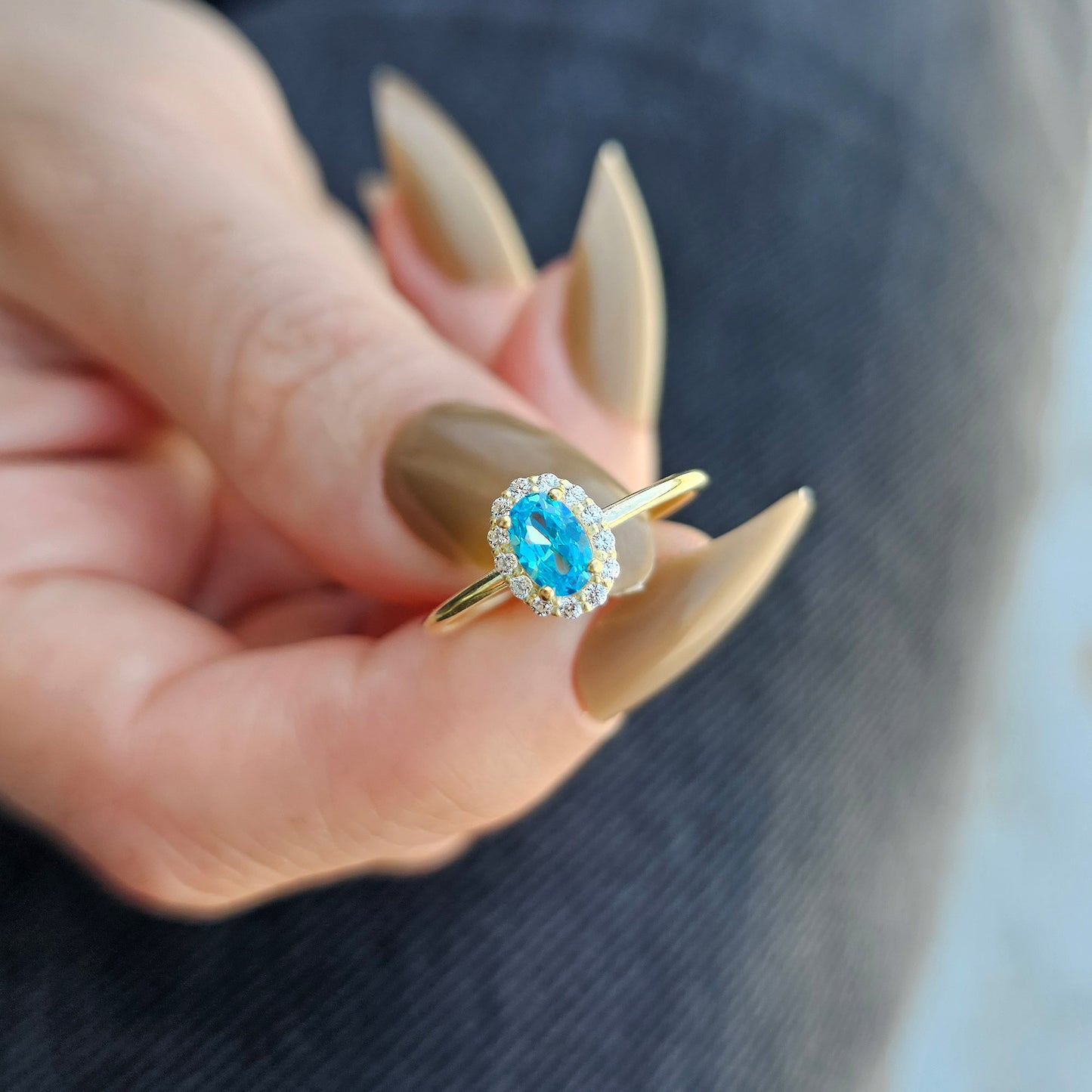 10K Gold Oval Solitaire Sky Blue and Cz Ring - 8S26SKY