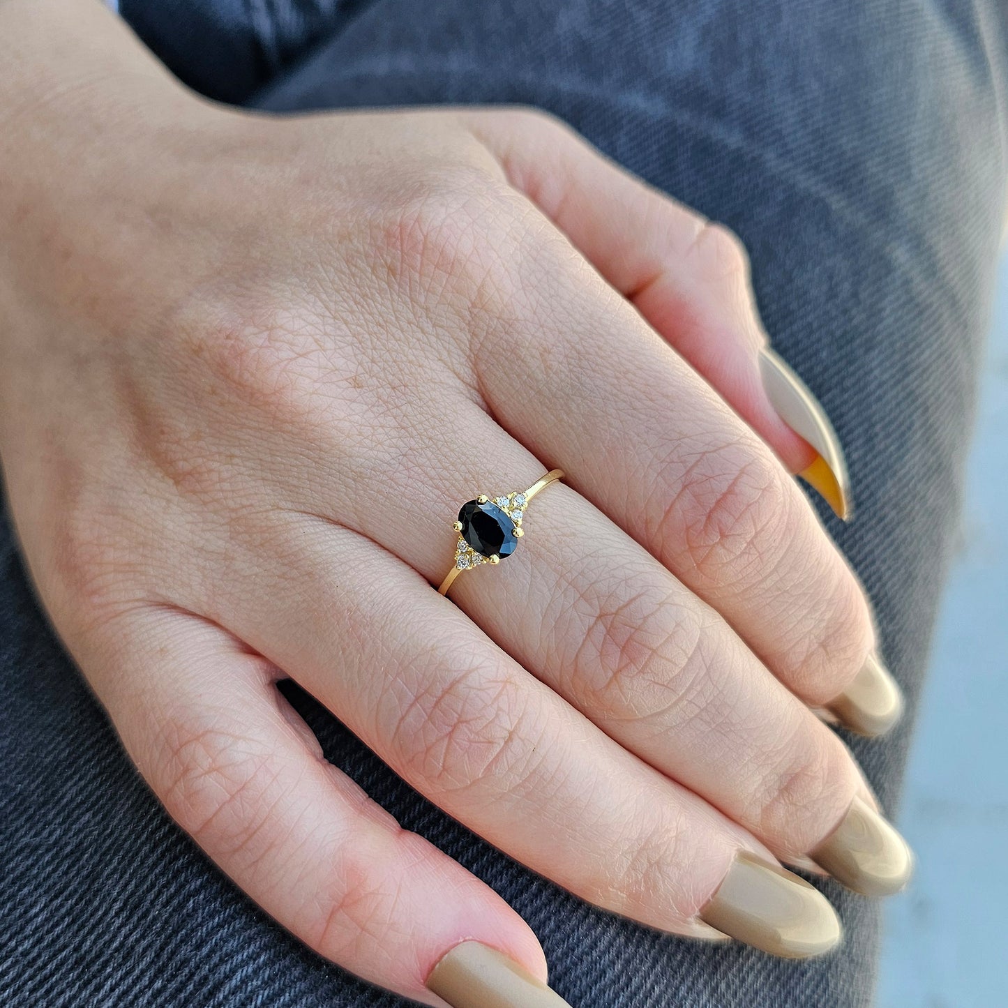 14K Gold Unique Black Onyx Oval and Diamond Ring - 8S268BLK