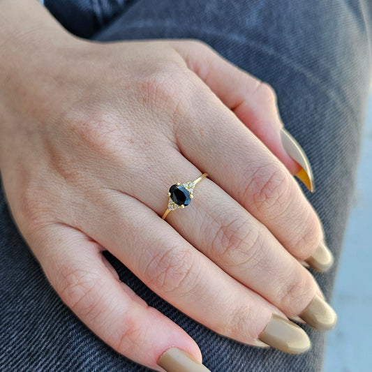 18K Gold Unique Black Onyx Oval and Cz Ring - 8S268BLK