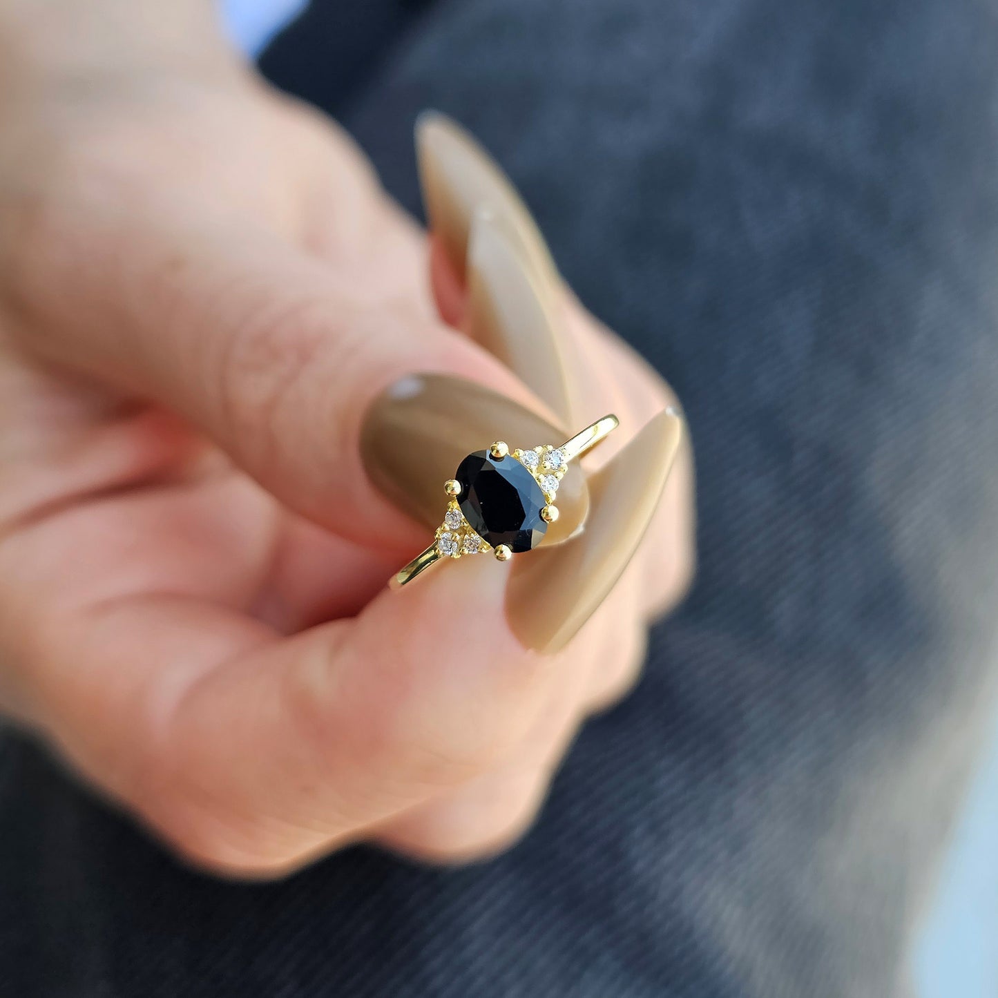 14K Gold Unique Black Onyx Oval and Diamond Ring - 8S268BLK