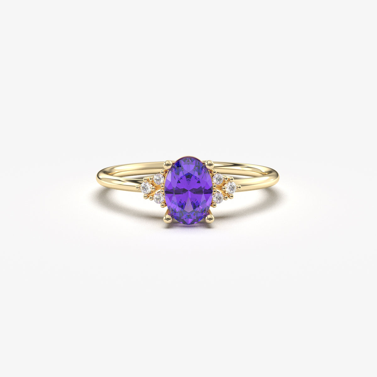 Yellow gold purple-stone oval ring, front view