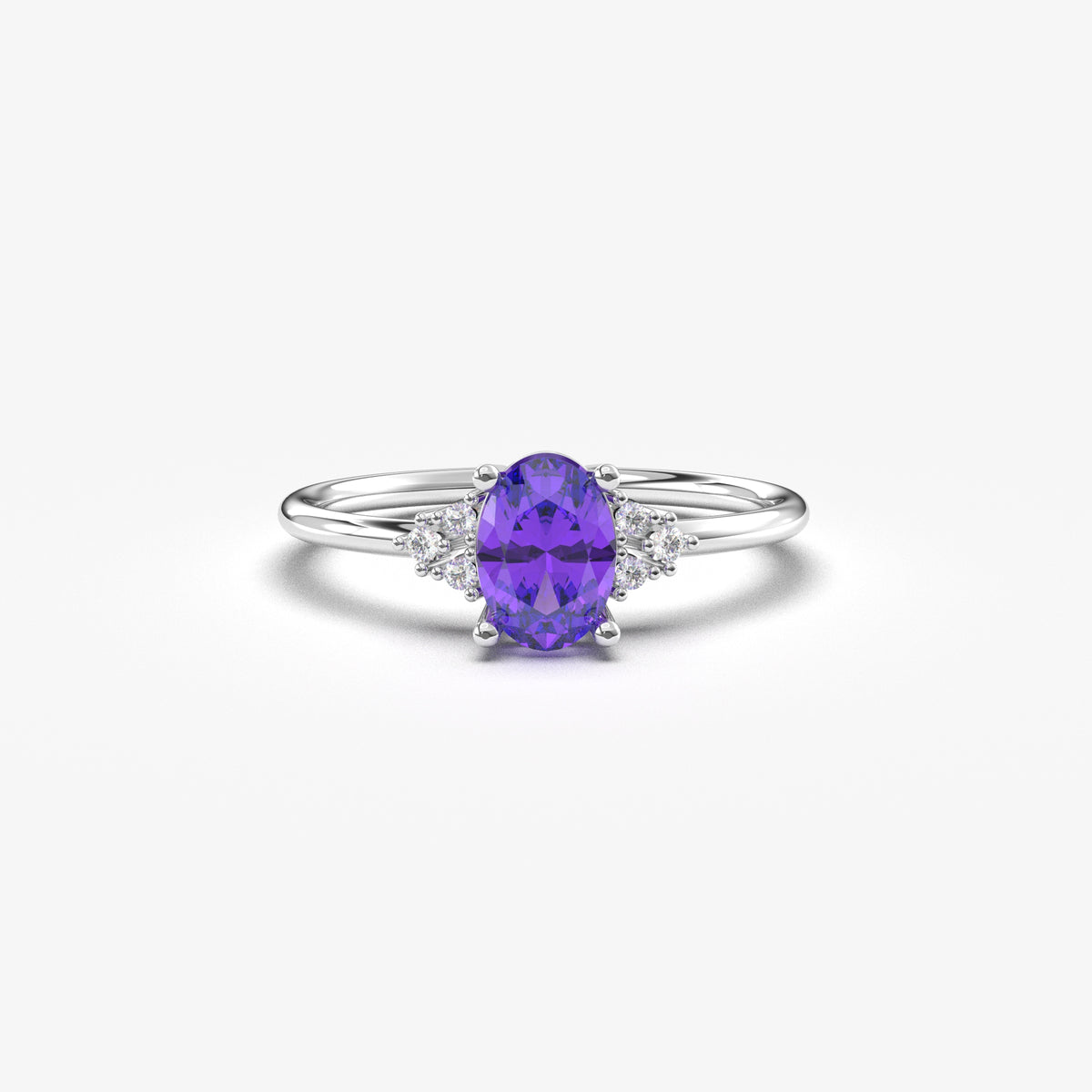 White gold purple-stone oval ring, front view