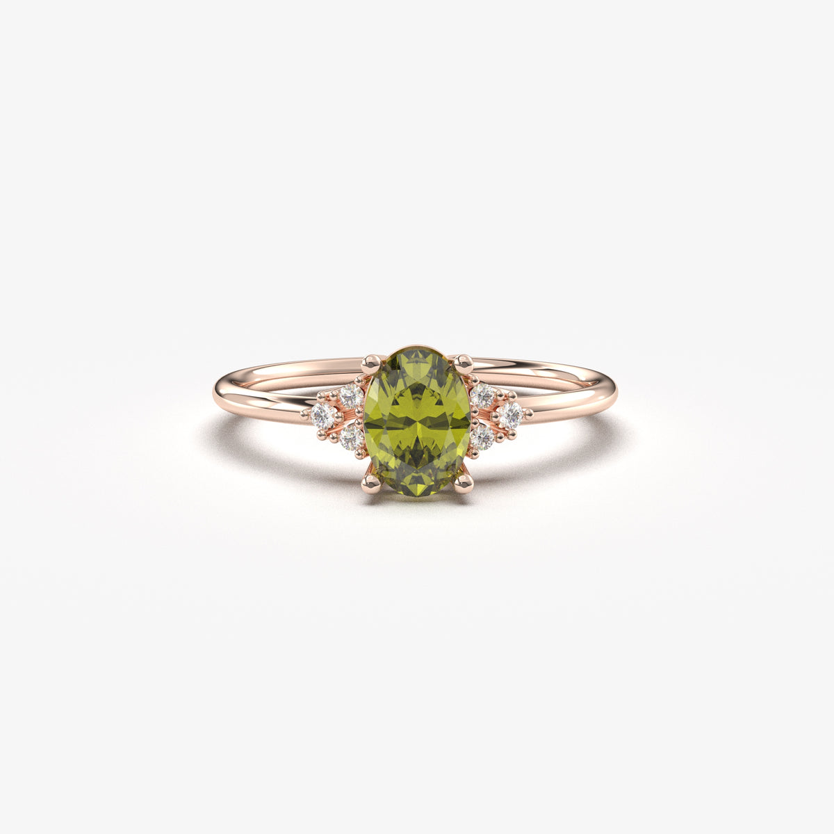 Rose gold green-stone oval ring, front view