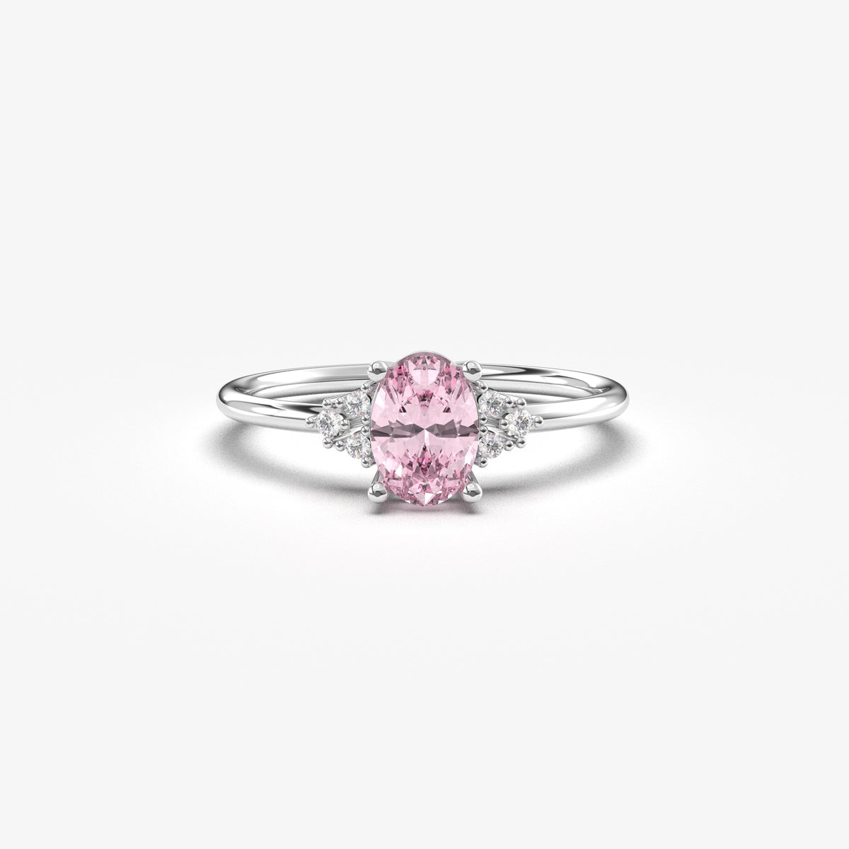 White gold pink-stone oval ring, front view